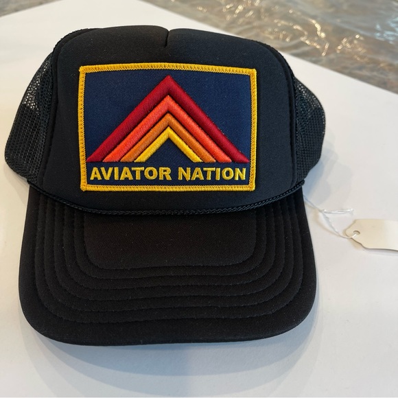 NWT Aviator Nation Vintage mesh Trucker Hat Mountain Stripe Patch Logo β black - Picture 4 of 14
